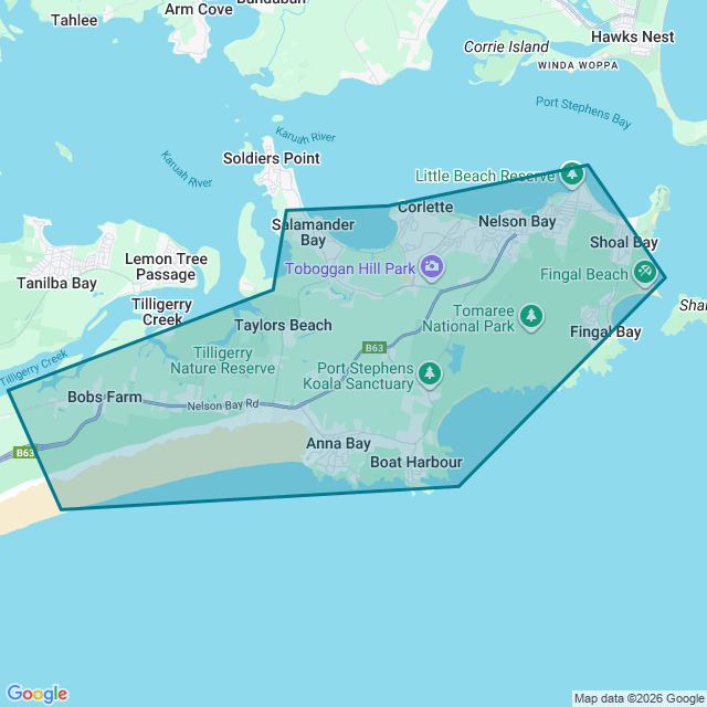 Map of Nelson Bay–Fingal Bay